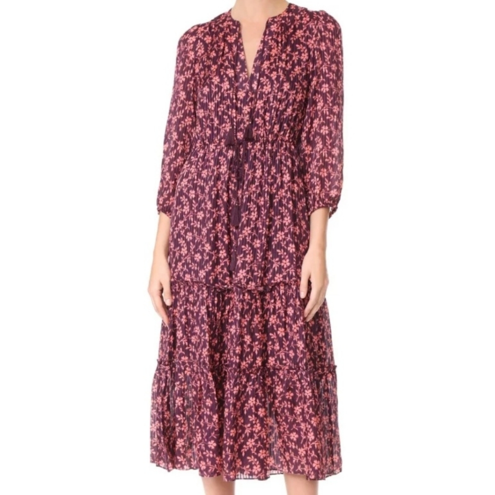 Ulla Johnson Clementine Floral Cotton Silk Midi Dress 0 burgundy